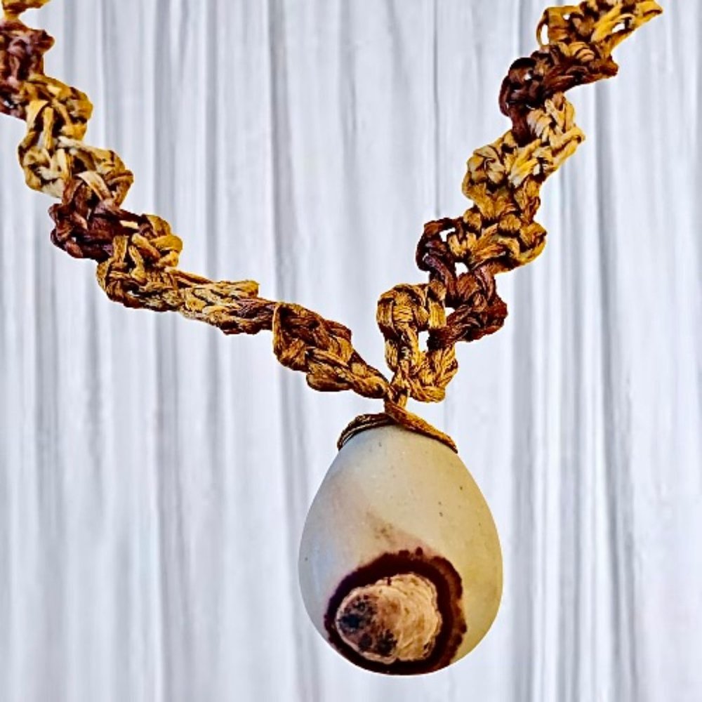 Hand Crafted Crochet Necklace with Stone Pendant and Vintage Button